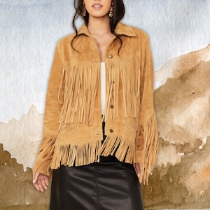 Women&#39;s Suede Leather Fringe Jacket, 70s Vintage Western Wear Style, Exclusive Western Cowgirl Suede Fringe Jacket / Coat, Boho Outfit