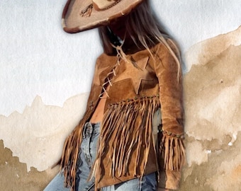 Handmade Suede Fringe Jacket: Boho Western Cowgirl Star Jacket, Ladies Handmade Brown Suede Fringe Jacket, Boho Clothing, Old West Outfit