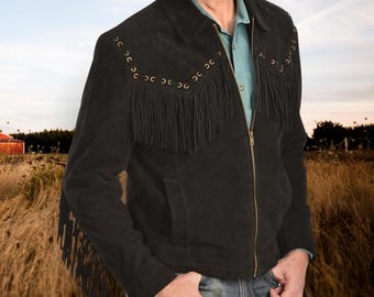Men's Handmade Suede Fringe Jacket: Western Biker Style, Geniune Black Suede Tassel Jacket, Western Style Soft Suede Cowboy Fringe Jacket,