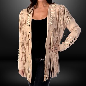 Jaqueta de couro com franjas e pelo de osso: casaco estilo cowgirl ocidental, jaqueta feita à mão com franjas macias de búfalo, jaqueta com franjas nativas americanas
