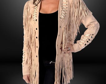 Bone Hair-pipe Leather Fringe Jacket: Western Cowgirl Style Coat, Handmade Studded Soft Buffalo Fringe Jacket, Native American Fringe Jacket