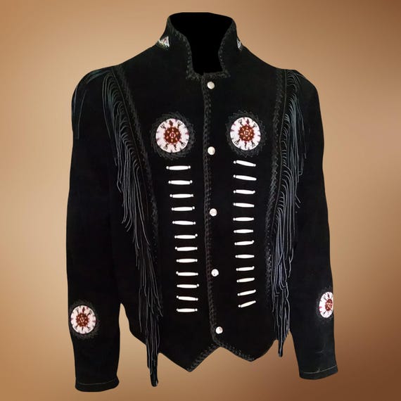 Beaded Suede Fringe Jacket: Traditional Western Cowgirl Jacket, Biker Style, Unisex Native American Handmade Indain Beaded Suede Jacket