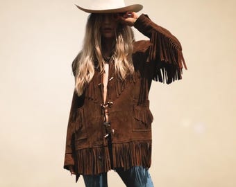 Autentica giacca vintage in pelle scamosciata da cowboy/cowgirl: stile classico con frange e perline e durata, Marrone, S