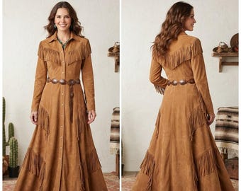 Western Suede Leather Maxi Dress, Cowgirl Fringe Button-Down Long Dress, Vintage Style Rodeo Outfit, Boho Rustic Custom Apparel