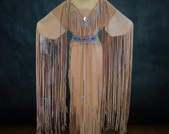 Handmade Antique Plains Inidan Leather Fringe Dress with Beaded Belt: Native Women's Traditional Powwow Dress, Cherokee Indian Wedding Dress