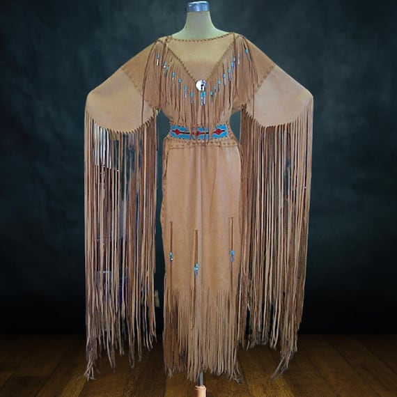 Handmade Antique Plains Inidan Leather Fringe Dress With Beaded Belt:  Native Women's Traditional Powwow Dress, Cherokee Indian Wedding Dress -  Etsy