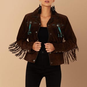 Suede Fringe Jacket: Women&#39;s Beaded Western Cowgirl Coat, Traditional Handmade Suede Tassel Jacket, Womens Native Indan Jacket, Western Wear