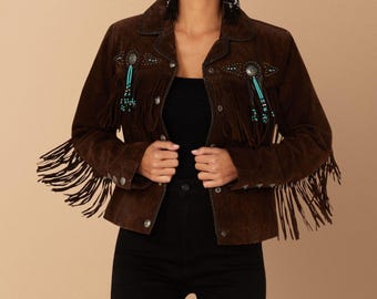 Suede Fringe Jacket: Women's Beaded Western Cowgirl Coat, Traditional Handmade Suede Tassel Jacket, Womens Native Indan Jacket, Western Wear