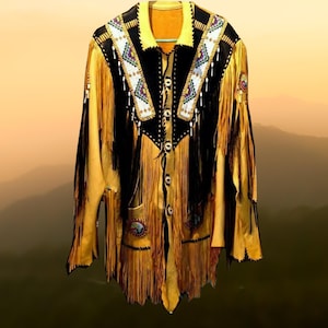 Veste en cuir perlée faite main à franges : style amérindien des plaines, veste indienne perlée à franges pour homme, tenue autochtone, tenue du Far West