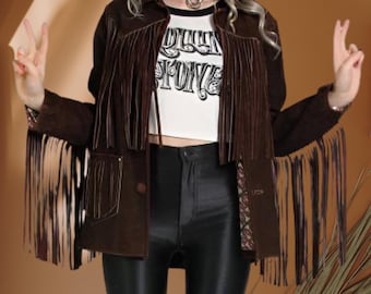 Chaqueta de gamuza color chocolate con flecos hecha a mano: abrigo vaquera estilo western, chaqueta de gamuza marrón con flecos hecha a mano para mujer, ropa bohemia, atuendo del Viejo Oeste