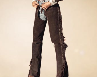 Chapes western 100 % daim, franges de cow-girl pour femmes - Chaps d' équitation en cuir daim pour femmes - Chaps en cuir de rodéo - Pantalon en cuir - France