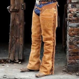 Handgjorda mocka-chaps med korgflätning: Rodeo-ridutrustning, unisex-chaps i hagelgevärsläder, westernchaps i mocka med fransar