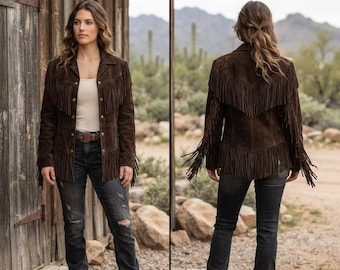 Western Cowgirl Suede Leather Fringe Jacket, Dark Brown Boho Country Coat, Unique Rustic Rodeo Apparel, Boho Chic Outerwear