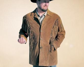 Crockett Handmade Suede Fringe Western Coat: Men's Cowboy Jacket, Native Tan Suede Tassel Jacket, Cowboy Fringe Jacket, Old West Outfit,