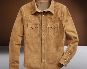 Handmade Suede Leather Western Shirt: Men's Cowboy Outfit, Mens Western Wear Formal Shirt, Classic Rugged Suede Jacket, Old West Outfit