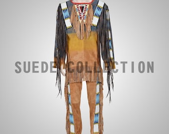 Plains Style Beaded Suede War Shirt & Pants: Hand Painted Suede Tassel War Suit, American Indian Beaded War Shirt Pants, Mens Powwow Regalia