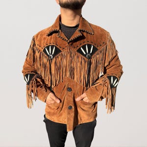Traditional Western Men's Handmade Fringe Suede Jacket with Bones, Western Cowboy Style Jacket, Vintage 70s Suede Jacket, Old West Outfits