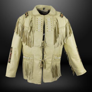 May include: Cream-colored leather jacket with fringe detailing. The jacket features decorative beadwork and fringe along the sleeves, chest, and back. The jacket has a collared neckline and a button-up front. A unique piece of outerwear.