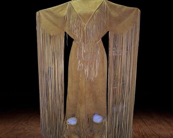 Handmade Suede Fringe Dress: Native American Style with Waist Belt Pouch, Traditional Cherokee Wedding Dress, Pow Wow Outfit, Native Outfit