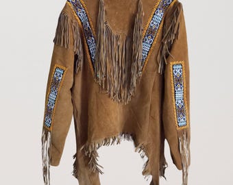 Handmade Plains Indian Beaded Suede Fringe War Shirt, Native American Mountain Man War Shirt, Pow Wow Regalia Outfit, Wild West Outfit