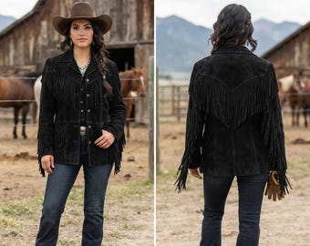 Cowgirl Suede Leather Fringe Jacket, Black Boho Country Coat, Unique Rustic Rodeo Apparel, Boho Chic Outerwear, Genuine Leather Vintage Look