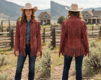 Cowgirl Suede Leather Fringe Jacket, Boho Country Coat, Unique Rustic Rodeo Apparel, Boho Chic Outerwear, Genuine Leather Vintage Look