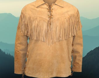 Mountain Man Suede Leather Fringe Pullover Jacket, Western Wear Suede Shirt, Mountain Man Rendezvous Outfit, Old West Outfit, Gift for Him