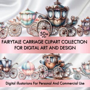 Pacchetto di clipart di carrozze da favola in formato PNG ad acquerello / Clipart di carrozze da principessa / Download digitale con sfondo trasparente per lavoretti e inviti