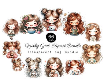 Lot de cliparts fille | Illustrations PNG de dessins animés (usage commercial) (téléchargement instantané