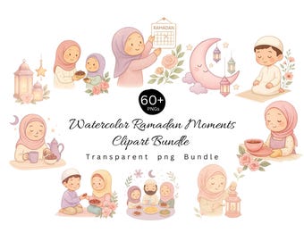 Paquete de imágenes prediseñadas de momentos islámicos de Ramadán: más de 60 ilustraciones islámicas en colores pastel para niños, decoración, imprimibles y pegatinas.