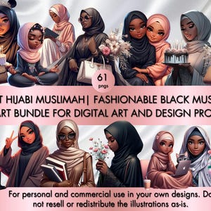 Elegant Hijabi Muslimah Clipart Bundle | Fashionable Black Muslim Woman Illustrations | Modest Style Girl PNG | Digital Download