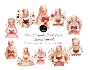 Hijabi Book Lover Clipart Bundle | Watercolor Muslim Girl PNG (Digital Download)