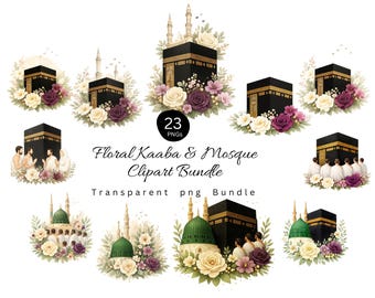 Floral Kaaba & Mosque Clipart PNG | Hajj Umrah Islamic Watercolor Art | Eid Ramadan Digital Download