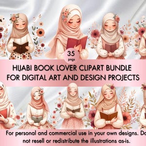 Hijabi Buchliebhaber Clipart | Muslimisches Mädchen lesen Aquarell Kunst | Bescheidene Muslimah Digitaldruck | Islamische Lesewandkunst | PNG-Download