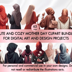 Elegante paquete de imágenes prediseñadas de mujer musulmana con hiyab, arte digital, ilustración de mujer islámica, moda modesta PNG, imágenes prediseñadas de Eid, descarga instantánea