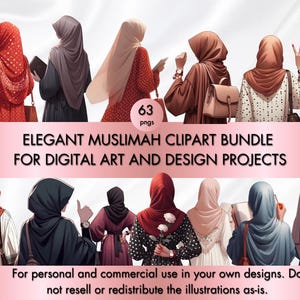 Conjunto de Cliparts Elegantes de Muçulmanas - Arte Digital de Mulher Hijabi | Ilustração de Mulher Islâmica | Moda Modesta PNG | Clipart de Eid | Download Instantâneo