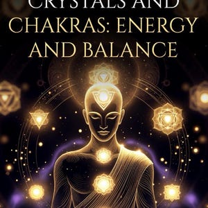 Può includere: Un'illustrazione digitale che mostra una persona in posizione meditativa con punti chakra dorati luminosi lungo il centro del corpo. Il testo CRYSTALS AND CHAKRAS: ENERGY AND BALANCE appare in alto su uno sfondo scuro con luci.