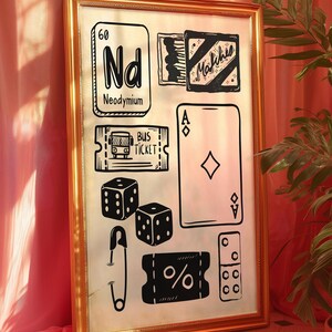 Retro Poster ‘Streichholzschachtel Collage’ – Dopamin Decor mit Würfeln und Kartenspiel-Motiven