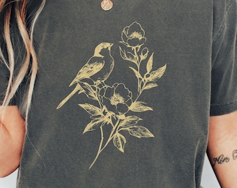 Cottagecore Bird Shirt, Comfort Colors Gift for Nature Lovers, Linocut Bird Tee, Aesthetic Flower Shirt, Boho Tee, Botanical Shirt