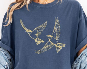 Cottagecore Flying Birds Shirt, Comfort Colors Gift for Nature Lovers, Linocut Bird Tee, Aesthetic Casual Shirt, Boho Fairycore Shirt