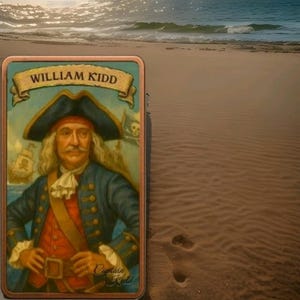 May include: A rectangular card featuring an illustration of William Kidd, a pirate, with the text "WILLIAM KIDD" at the top. The pirate is depicted in a blue coat, red vest, and a tricorn hat. A pirate ship and skull and crossbones flag are in the background.