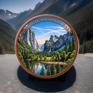 May include: A round decorative item featuring a scenic landscape of Yosemite National Park. The image includes mountains, a lake, trees, and a waterfall under a blue sky. The words "YOSEMITE NATIONAL PARK" are printed around the edge.