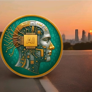May include: A circular emblem featuring a stylized human head with a circuit board design, representing artificial intelligence. The head is set against a teal green background with binary code and a cityscape at sunset.