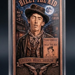 May include: A rectangular 5 oz copper bar encased in a clear plastic holder. The front features a relief of Billy the Kid, a full moon, a reward poster, two revolvers, and the text: BILLY THE KID, No.2 OF 5, EST. 1859, LEGEND REBEL OUTLAW, 5 OZ COPPER.