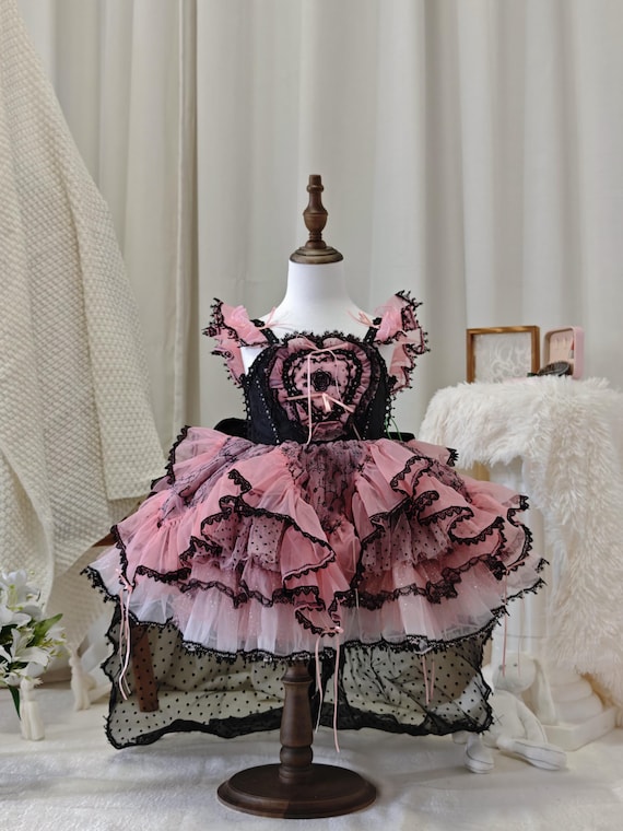 Black Pink Girl Dress, Gothic Lolita Costume, Birthday Party Dress, Toddler  Photoshoot Outfit, Rose Bow Ruffle Dress - Etsy