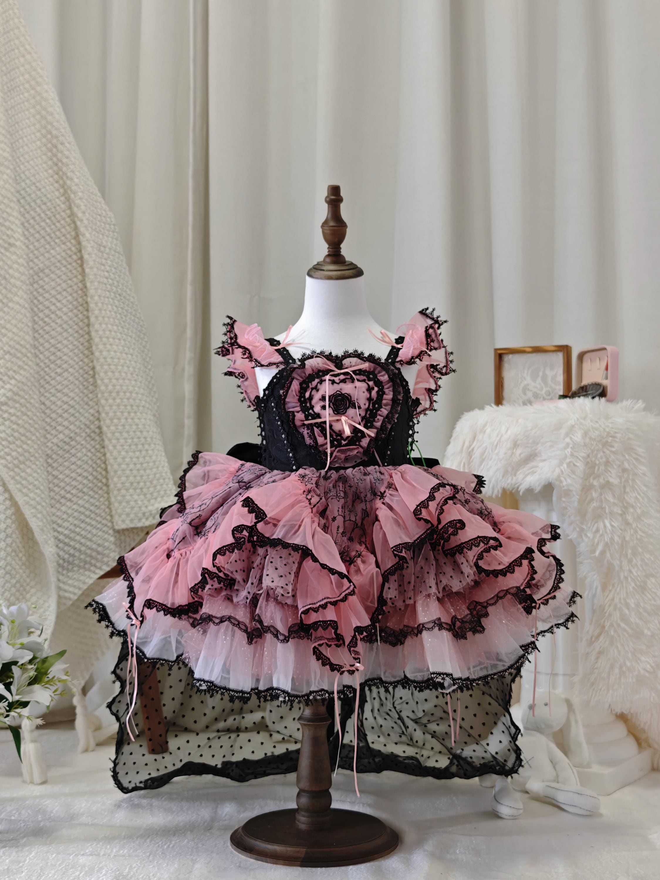 pink and black gothic dress Pink Cherry Nightmare V Collar High Waisted Gothic Lolita JSK Dress main image 0
