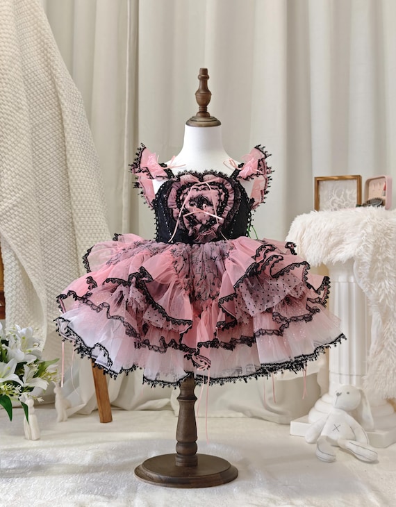 Black Pink Girl Dress, Gothic Lolita Costume, Birthday Party Dress, Toddler  Photoshoot Outfit, Rose Bow Ruffle Dress - Etsy