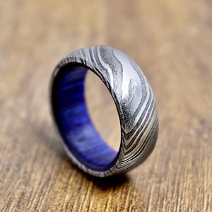 Damascus Steel Whiskey Barrel Dome Ring Engagement Ring Wedding Ring Wood Wedding Band Promise Ring Wood Inlay Damascus Steel Ring Him Her