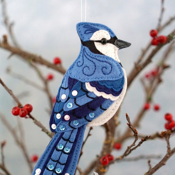 Blue Jay modello di cucito PDF - Ornamento di peluche per uccelli da cortile - Peluche in feltro - Byron il Blue Jay - Download immediato