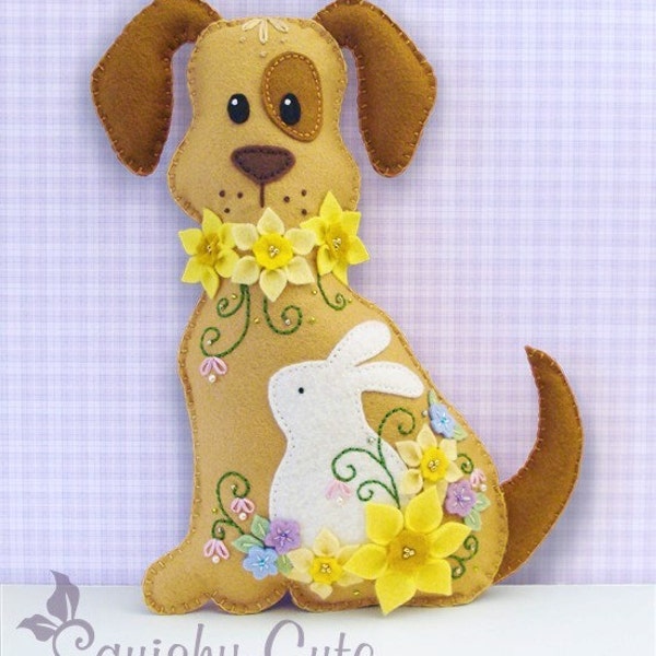 Dog Stuffed Animal Pattern - Felt Plushie Sewing Pattern & Tutorial - Daffodil the Easter Dog - Embroidery Pattern PDF